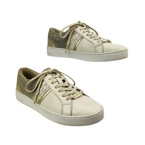 Michael Kors Leather Sneakers Women 9M Ivory Gold Glitter Lace Up Low Top Preppy